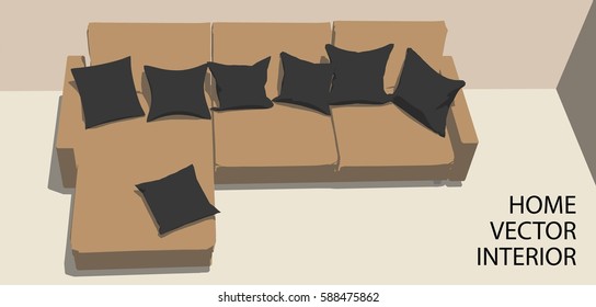 Home interior with brown sofa and black silk pillows
