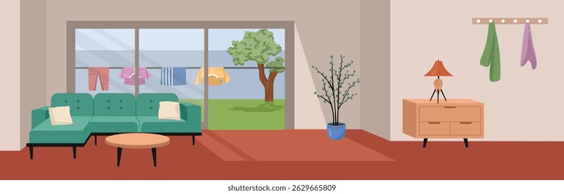 Home interior building. Drying clothes in the backyard. Modern home. Minimalist furniture. Table. Living room. Clothesline.