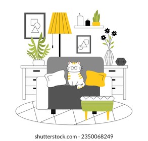 Home interior with cat line. Modern sofa with pillows. Lamp, flower pots and tables. Glass with plants, lamp and candles. Comfort and coziness in apartment. Linear flat vector illustration