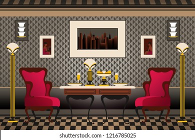 Home interior with chairs, table, lamps and pictures on the walls in the living room. Handmade drawing vector illustration. Retro furniture. The Art Deco Style. Flat Design.