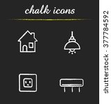 Home interior chalk icons set. Air conditioner, power rosette and illuminated ceiling lamp. Modern house interior electricity items. White illustrations on blackboard. Vector chalkboard logo concepts