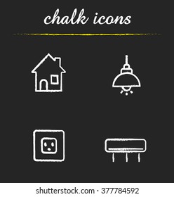 Home interior chalk icons set. Air conditioner, power rosette and illuminated ceiling lamp. Modern house interior electricity items. White illustrations on blackboard. Vector chalkboard logo concepts