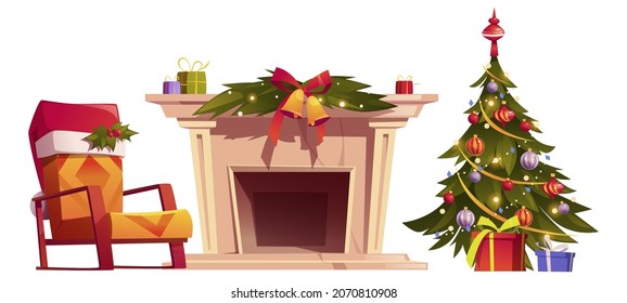 Home interior with Christmas decoration. Xmas tree with balls and garland, gift boxes, chair in red Santa Claus hat and fireplace. Vector cartoon set of New Year decor for living room