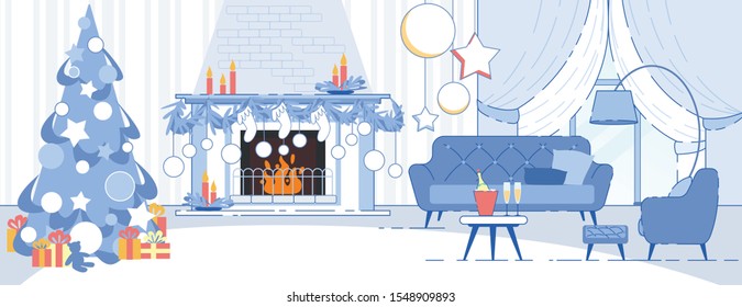 Decoraciones navideñas interiores fondo vectorial plano con árbol de Navidad decorado, existencias en la chimenea, mobiliario cómodo, botella de champán en la mesa en el salón de apartamentos Ilustración