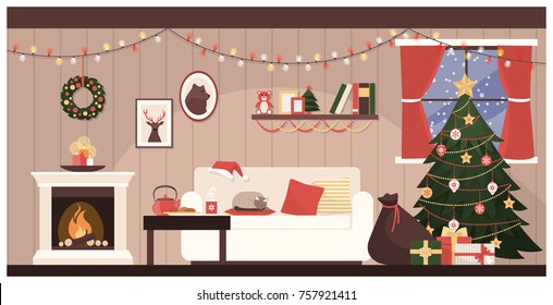 Home interior with Christmas tree, a sack with gifts and a cat sleeping on the sofa