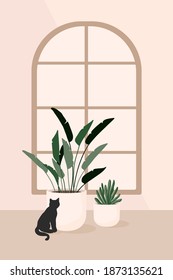 Interior en casa con ventana redonda cerrada, gato, macetas de flores. Confort en casa. Ilustración de drenaje de vectores en un estilo plano. El diseño de las habitaciones es acogedor.