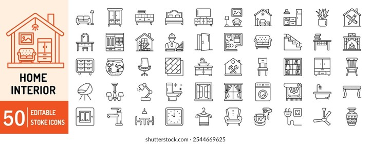 Inicio colecciones interiores Conjunto de iconos web de contorno de trazo editable. Hogar, interior, dormitorio, cocina, arquitecto, pintura, muebles, pisos, luces y más… Ilustración vectorial