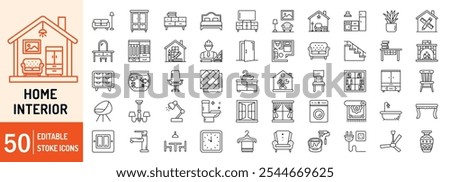 Home Interior collections editable stroke outline web icons set. Home, interior, bedroom, kitchen, architect, paint, furniture, flooring, lights and more... Vector illustration