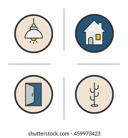 Home interior color icons set. Living room, hanger, open door, hanging ceiling lamp, house symbol. Isolated vector illustration