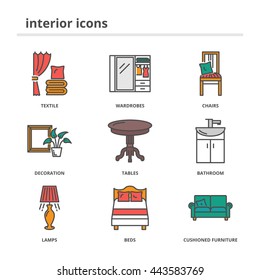 Home interior color vector icons set: textile, wardrobes, chairs, decoration, tables, bathroom, lamps, bedroom, cushioned furniture