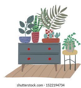 Home interior – commode, plants, pots
