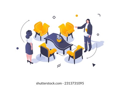 Home interior concept in 3d isometric design. Women stand by armchairs and table with plant. Furnishing and decoration in living room. Vector illustration with isometric people scene for web graphic