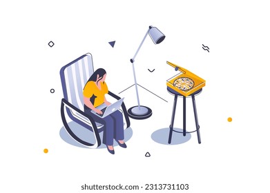 El concepto de interior de casa en diseño isométrico 3d. La mujer se sienta en una silla cerca de la lámpara del suelo y la mesa. El mobiliario y la decoración de la sala de estar. Ilustración vectorial con escena de personas isométricas para gráfico web