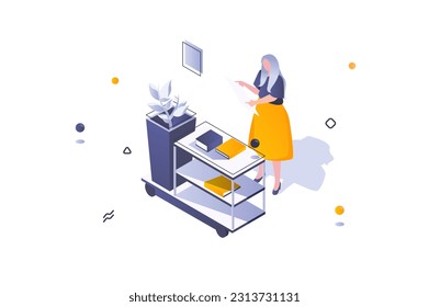 Home interior concept in 3d isometric design. Woman standing by bookshelf with books on shelves. Furnishing and decoration in room. Vector illustration with isometric people scene for web graphic