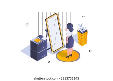 Home interior concept in 3d isometric design. Woman stand by mirror near cabinet in wardrobe. Furnishing and decoration in living room. Vector illustration with isometric people scene for web graphic