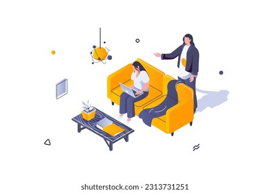 Home interior concept in 3d isometric design. Women talking near sofa and coffee table. Furnishing and decoration in living room. Vector illustration with isometric people scene for web graphic