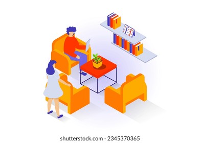 Home interior concept in 3d isometric design. People sitting in armchairs at table with plant, bookshelves on wall in library or living room. Vector illustration with isometry scene for web graphic