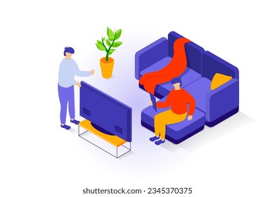 El concepto de interior de casa en diseño isométrico 3d. Gente en sala de estar con un gran sofá, cojín y manta, tv de plasma en stand y macetas. Ilustración vectorial con escena isométrica para gráfico web