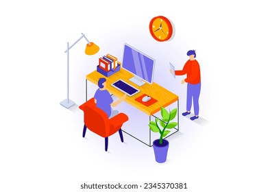 El concepto de interior de casa en diseño isométrico 3d. Personas en oficinas laborales con escritorio y silla, lámpara de suelo, computadora de escritorio, documentos y planta. Ilustración vectorial con escena isométrica para gráfico web