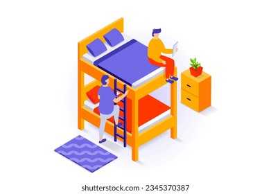 Home interior concept in 3d isometric design. People preparing to sleep in bedroom with bunk bed with ladder, blanket and pillows, nightstand. Vector illustration with isometry scene for web graphic