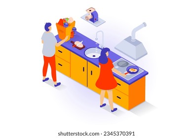 Home interior concept in 3d isometric design. People stand in kitchen room with tables, products bags on countertop, cooking at stove with hood. Vector illustration with isometry scene for web graphic