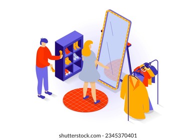 Home interior concept in 3d isometric design. People stand in dressing room, fitting clothes by mirror, wardrobe with shoe racks and hangers. Vector illustration with isometry scene for web graphic