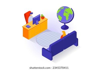 Home interior concept in 3d isometric design. People in boss office or reception room with desk and computer, globe and big sofa for visitors. Vector illustration with isometry scene for web graphic