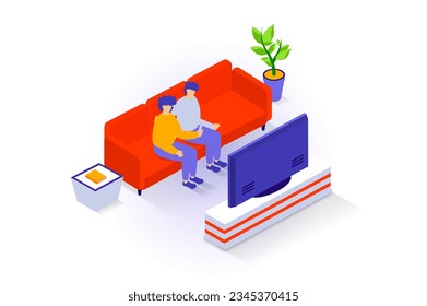 El concepto de interior de casa en diseño isométrico 3d. La gente descansa en la sala de estar, se sientan en un sofá con una mesa lateral y una planta, viendo la tv de plasma en el estrado. Ilustración vectorial con escena isométrica para gráfico web