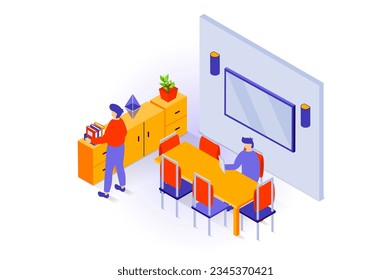 Home interior concept in 3d isometric design. People in workplace with open space with table and chairs, office cabinets with folders and plant. Vector illustration with isometry scene for web graphic