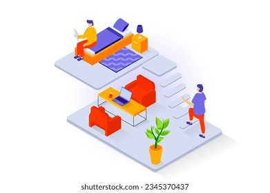 Home interior concept in 3d isometric design. People in duplex apartment with small bedroom and workspace with laptop table and armchairs. Vector illustration with isometry scene for web graphic