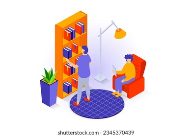 El concepto de interior de casa en diseño isométrico 3d. La gente pasa el rato en la sala de estar con biblioteca con biblioteca, biblioteca, sillón, lámpara de suelo y planta. Ilustración vectorial con escena isométrica para gráfico web