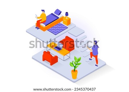 Home interior concept in 3d isometric design. People in duplex apartment with small bedroom and workspace with laptop table and armchairs. Vector illustration with isometry scene for web graphic