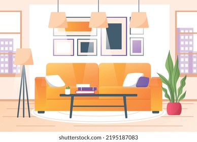 Home interior concept. Modern furniture, apartment design and decoration. Comfortable and cozy apartment, poster or banner for website. Sofa, paintings, lamps. Cartoon flat vector illustration