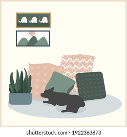 Interior en casa. Acogedor hogar cómodo elementos de decoración para el diseño tarjeta de bienvenida de amigos, publicidad de tienda, afiche, página, etc