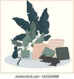 Home interior. Cozy home comfortable decor elements for design friend greeting card, shop advertising, poster, page etc