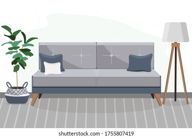 Home interior of cozy living room with furniture: grey sofa with pillows, flower pot, lamp. Design for web site, print, poster, presentation, infographic. Flat cartoon vector illustration.