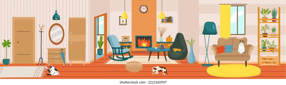 Home interior. Cozy living room decor. Chair and table. Mirror in hallway. Lamp and book on shelves. Comfy house furniture. Comfortable apartment nowaday background. Vector illustration