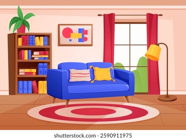 Home interior. Cozy living room decor. Sofa and carpet. Apartment furniture. Comfortable couch. Books cabinet. Picture on wall. Window curtain. Floor carpet. Lamp light. Vector empty flat living room