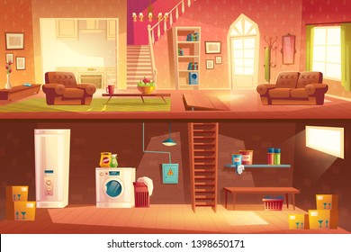 Home interior cross section with spasious hall, living room, kitchen, stairs on second floor, laundry in basement downstairs. Cottage apartment background with furniture. Cartoon vector illustration