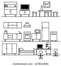 Home interior, decor, furniture. Kitchen, living room, children's room. Vector Icons.