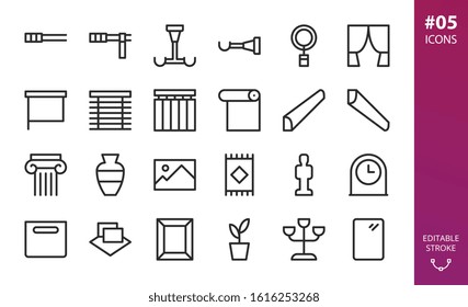 Home interior and decor icons set. Set of home decoration, curtains, roller blinds, curtain rod, plinth, window jalousie, linens, antique column, statuette, desk clock, picture frame, flower pot icon