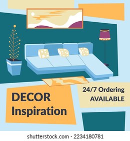 Home interior decor inspiration for apartment and dwelling beauty. Ordering available every day. Furniture and framed picture and art. Promotional banner for advertisement. Vector in flat style