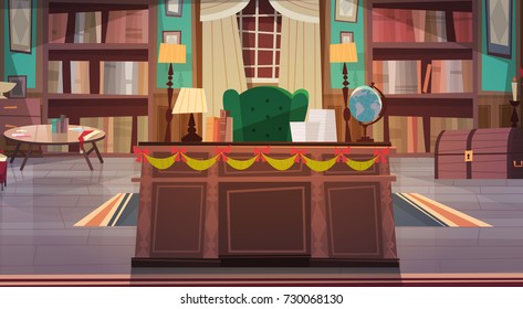 Interior Doméstico Decorado Para Navidad Y Año Nuevo, Escritorio Vacío Y Sillón Con Decoración De Casa De Garlands Ilustración Vector Plano