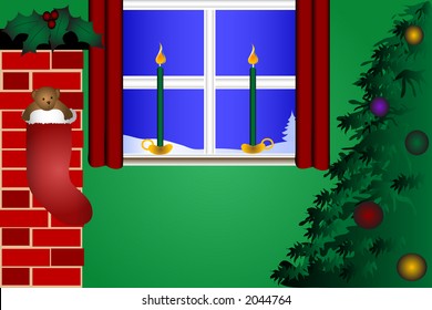 Home interior Decorated for the holidays with view of the snowy outdoors.