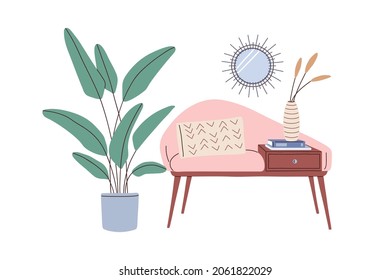 Home interior design in 60s style. Retro armchair with drawer, house plant, mirror and vase with flowers. Cozy seat with cushion for living room. Flat vector illustration isolated on white background