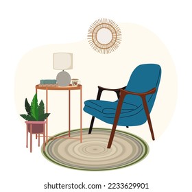 Inneneinrichtung im Stil der 60er Jahre. Retro-Sessel mit Couchtisch, Lampe, Hauspflanze, Spiegel, Bücher und Teebeutel. Gemütlicher Sitzplatz für das Wohnzimmer. Flache Vektorgrafik einzeln auf weißem Hintergrund