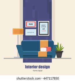 Home Interior design concept made in modern flat style. Living room vector illustration. Can be used for infographics design, web elements.