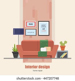 Home Interior design concept made in modern flat style. Living room vector illustration. Can be used for infographics design, web elements.