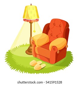 Home Interior Design. Cosy Armchair With Cushions, Yellow Torchere And Round Grass Textile Rug Isolated On White. Home Slippers On Carpet. Indoors House Design. Vintage Furniture. Vector Illustration