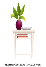 Home interior design decoration elements. Table stand with green plant in purple vase, plate, books on shelf vector illustration. Modern cozy decor for house on white background.